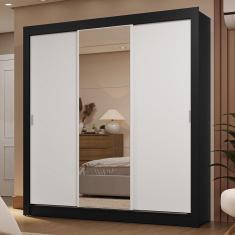 Guarda Roupa Casal Sublime 3 Portas de Correr 2 Gavetas Preto-Branco com Espelho