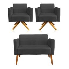 Kit 01 Namoradeira 02 Lugares e 02 Poltronas Marisa Suede Base Giratór