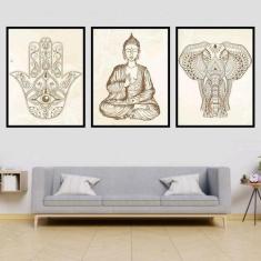Kit 3 Quadros Decorativos Buda Zen, Hamsa, Elefante 45X34Cm - Quadros 