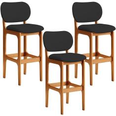 Kit 03 Banquetas Alta Para Cozinha Madeira Fixa Betta L02 Imbuia Facto Preto