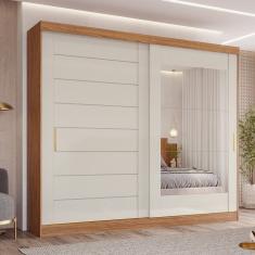 Guarda-roupa Casal 264cm 2 Portas de Correr 8 Gavetas com Espelho 100% Mdf Siena Cinamomo/Off White