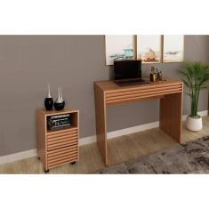 Escritório Completo escrivaninha Ripada Me4173 + Gaveteiro Ripado Me4175 2 Peças Amêndoa