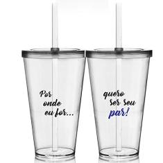 Kit 2 Copos KrystalON com Tampa e Canudo Personalizados 550 ml Dia dos Namorados