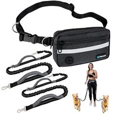 PetAmi Coleira para cães mãos livres, correia para corrida de cães para passear, correr, bolsa com zíper para cintura de cachorro com dispensador de saco de cocô, alças duplas acolchoadas, coleira elástica durável refletiva, dupla