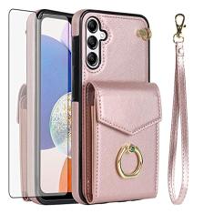 Asuwish Capa de telefone para Samsung Galaxy A14 5G capa carteira com protetor de tela de vidro temperado e anel de bloqueio RFID suporte suporte para cartão de crédito acessórios de celular de couro
