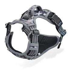 Peitoral para cães grandes sem puxão com alça 2 clipes de coleira de metal, peitoral refletivo ajustável, respirável camuflado, oxford, acolchoado, clipe frontal de fácil controle para cães médios e