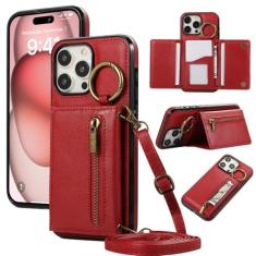 Suporte de cartão de anel crossbody com zíper capa de telefone carteira para iPhone 15 Pro Max 14 Plus 13 12 11 XS XR 7 8 SE 2020 2022 Capa de couro, vermelha, para iPhone 12 Pro
