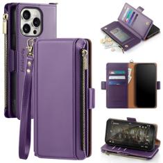 Antsturdy Capa carteira Roxa para iPhone 15 Pro Max, Compatível com iPhone 15 Pro Max 6.7" - Bloqueio RFID - Zíper - Compartimento para 7 Cartões - Alça de Pulso - Couro PU