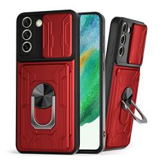 Lokyoo Capa compatível com Samsung Galaxy S21 FE 5G 2022, com capa para câmera e suporte, capa de lente deslizante + suporte de anel giratório + suporte de cartão removível, proteção total para