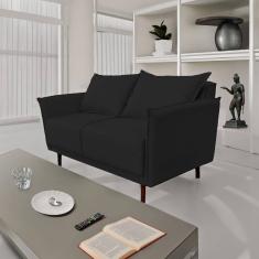 Sofá 2 Lugares Veludo Preto Pietro Base em Madeira Maciça