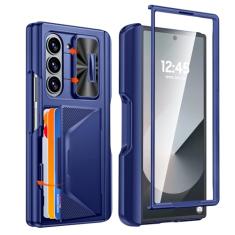 CENMASO Capa para Samsung Galaxy Z Fold 6 com suporte para caneta S e porta-cartão carteira e capa de câmera deslizante e proteção de dobradiça e protetor de tela [bloqueio RFID] capa de proteção à
