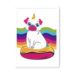 Arte Maníacos Quadro Decorativo Pugcórnio Arcoíris - 23x16,25cm (Moldura caixa em laca branca)