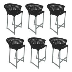 Kit 6 Banquetas Reis Em Corda Náutica E Base Em Alumínio Cinza Para área Gourmet Externa Preta Preto