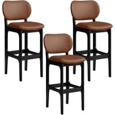 Kit 03 Banquetas Alta Para Cozinha Madeira Fixa Betta L02 Preto Couríssimo Marrom