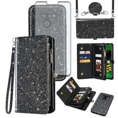 Asuwish Capa de celular para LG G8 ThinQ Carteira com zíper destacável com protetor de tela de vidro temperado cordão alça flip suporte para cartão LGG8 Thin Q G 8 LG8 G8thinq LGG8thinq 8G feminino