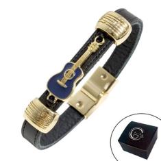 Pulseira de Couro Magnética Masculina Feminina Preta Violão Dourada Ba