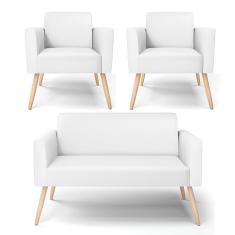 Sofá Namoradeira Com 2 Poltronas Pés Palito Natural Marisa Corino Branco D03 - D'rossi