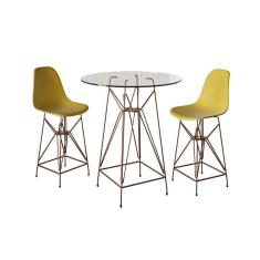 Jogo Mesa Bistrô Eames Vidro 60Cm 2 Banquetas Amarela Base Ferro Cobre - Cor: Branco