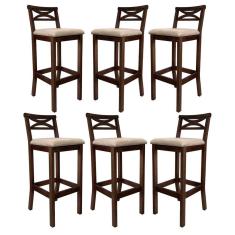 Kit 6 Banquetas Alta Estofada para Bancada Madri Madeira Capuccino Suede Bege CCS