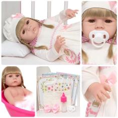Boneca Reborn Bebê Loira Realista Fofinha Enxoval 13 Itens - Cegonha R