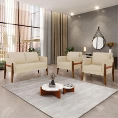 Kit 1 Sofá Namoradeira e 2 Poltronas Lana Linho Base de Madeira D03 - 