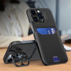 Suporte de cartão de couro com suporte invisível capa de telefone para iPhone 14 13 12 Pro Max Mini Capa protetora de lente de metal, preta, para iPhone 12 Pro