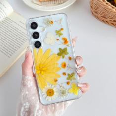 XIZYO Capa protetora à prova de choque para Samsung Galaxy S24 linda estampa floral transparente flores secas mulheres meninas glitter fino TPU bumper à prova de choque para S24, flor amarela