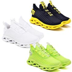 3 Tênis de Corrida Masculino Academia Confortavel Verde e Branco - Evo