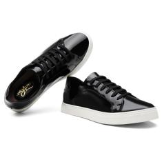 Tênis Casual Feminino Couro Verniz Cadarço Conforto Macio