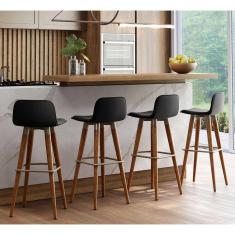 Kit 4 Banquetas Altas Luxo Linea Aço Champanhe Linho Preto Base Carvalho 