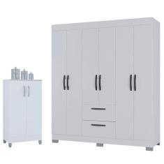 Guarda Roupa Casal Tóquio 6 Portas Com Armário Multiuso 2 Portas Pequeno Branco Brilho - Poquema