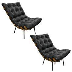 Kit 02 Poltronas Costela Corano Preto Base de Metal D´rossi