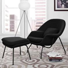 Poltrona Womb Chair Com Puff Base Preta Linho Preto Cor Preto