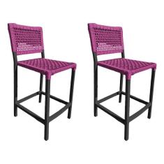 Kit 2 Banquetas França Em Corda Náutica E Base Em Alumínio Preta Para área Gourmet Rosa - Cor: Rosa