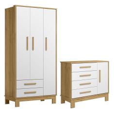 Quarto de Bebê com Roupeiro 4340 e Cômoda 4355 Qencanto Slim Qmovi Freijó Branco Acetinado