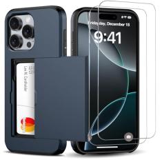 Benbenjaytek Capa carteira para iPhone 16 Pro com suporte para cartão + 2 protetores de tela de vidro temperado protetor à prova de choque com compartimento oculto para cartão, capa fina feminina e