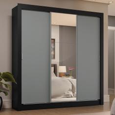 Guarda-roupa Casal 3 Portas Correr 4 Gavetas Preto/Cinza