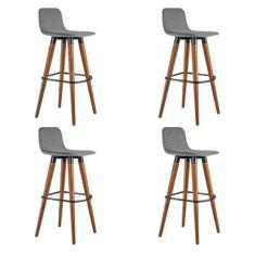 Kit 4 Banquetas Altas Luxo Linea Aço Preto Linho Cinza Base Carvalho  