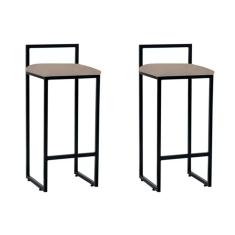 Kit 2 Banquetas Bistrô Alta Industriais Em Aço Dori Preto Assento Suede Bege Preto