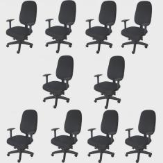 Kit 10 Unidades Cadeira Escritório Secretária Giratória com Braço Regulável em Couro