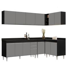 Armário De Cozinha Modulado De Canto 6 Peças Cp32 Balcão Com Tampo Preto-cinza - Lumil