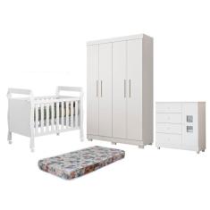 Quarto de Bebê Berço Mini Cama com Colchão, Cômoda 1 Porta 4 Gavetas e Roupeiro 4 Portas 3 Gavetas Branco