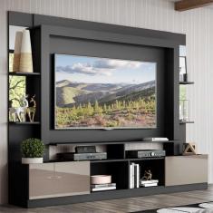 Rack c/ Painel TV 65&quot; Prateleiras c/ Espelho Oslo Multimóveis Preto/Lacca Fumê