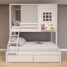 Beliche Casinha Reta Casal/ Solteiro com 02 Gavetas e Cortina Madeira Maciça Branco Housin