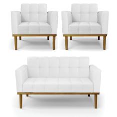 Sofá Namoradeira E 2 Poltronas Base Madeira Castanho Elisa Corino D03 - D`rossi Cor Branco