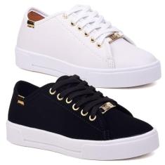 Kit 2 Pares Tênis Feminino Casual Sola Alta Básico Leila Soares, Preto
