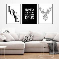 Kit 3 Quadros Decorativos Love, Deus, Alce 45x34cm - Quadros On-line, 