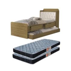 cama bicama solteiro tamires com capitone estofado auxiliar prateleira