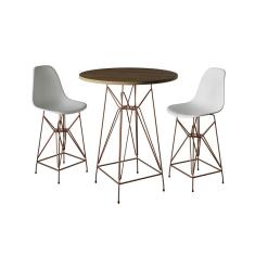 Jogo Mesa Bistrô Eames Tampo Amêndoa 60Cm 2 Banquetas Branca Base Ferro Cobre - Cor: Amendoa