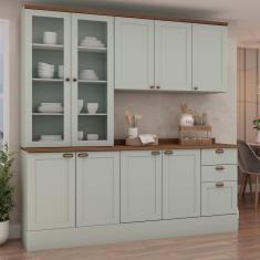 Cozinha Modulada Compacta 4 Peças Com Armário Aéreo 2 Portas Vidro 100% Mdf Com Tampo Mint-ébano